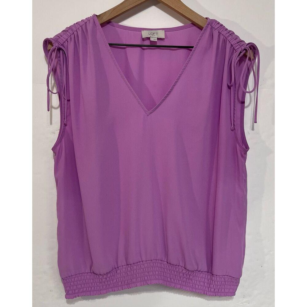 LOFT Purple Sleeveless V-Neck Blouse with Gathered Shoulders